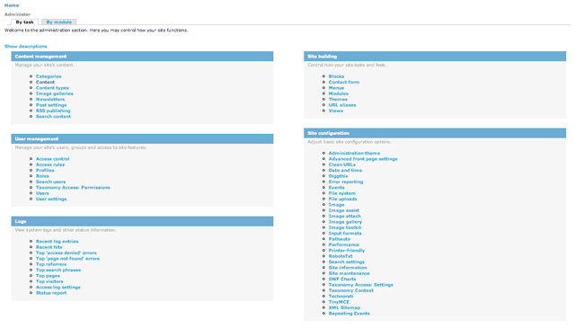 Figure 1. The Drupal interface and modules